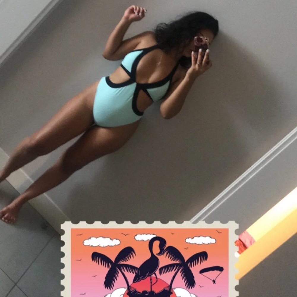 Blue one piece bathing suit